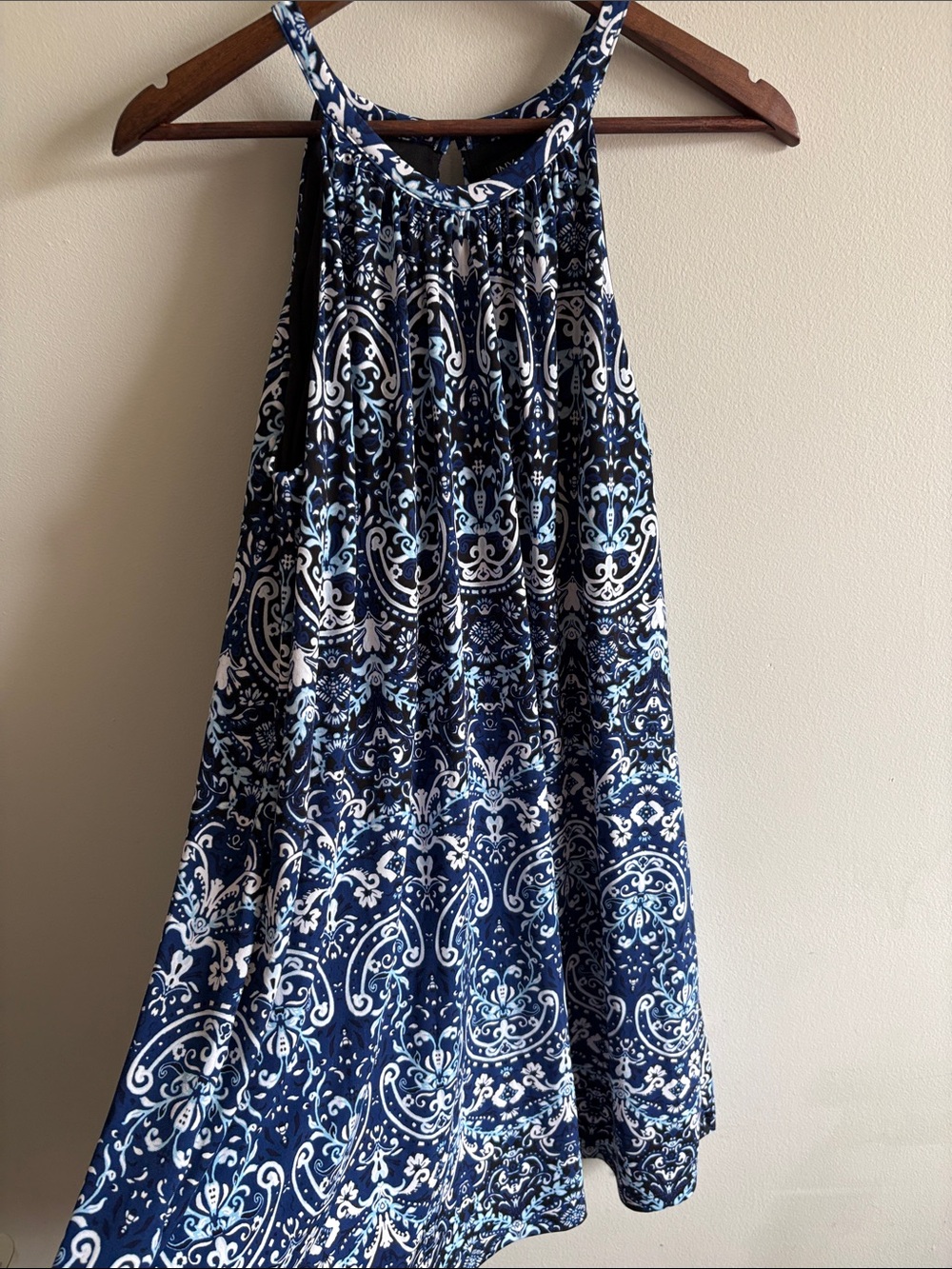 JNY Jones New York Blue Paisley Sleeveless Swing Dress Pockets Built In Bra L